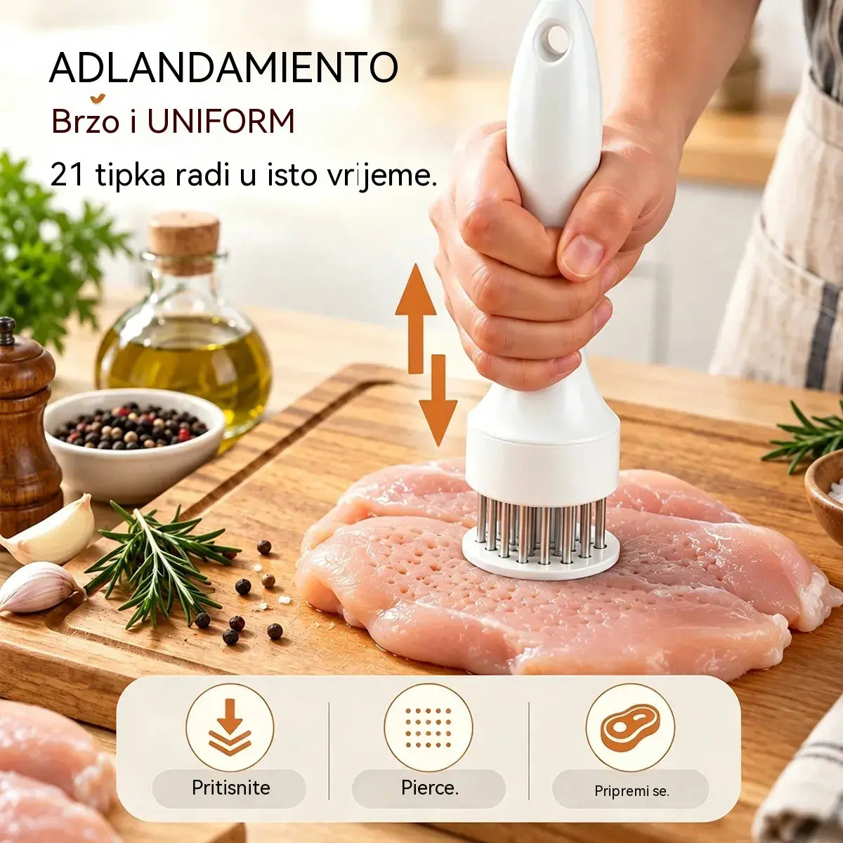 Omekšivač od nehrđajućeg čelika s 21 iglom, pogodan za odreske, roštiljanje i kuhanje.