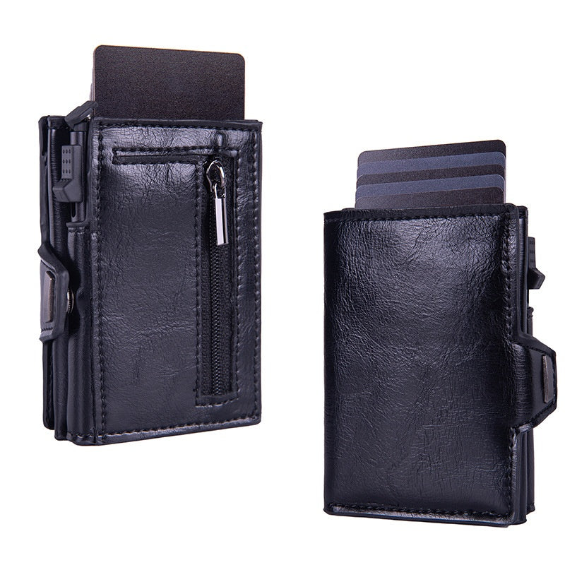 Cartera tarjetero con sistema de expulsión automática, protección RFID y seguridad antirrobo (cuero auténtico)