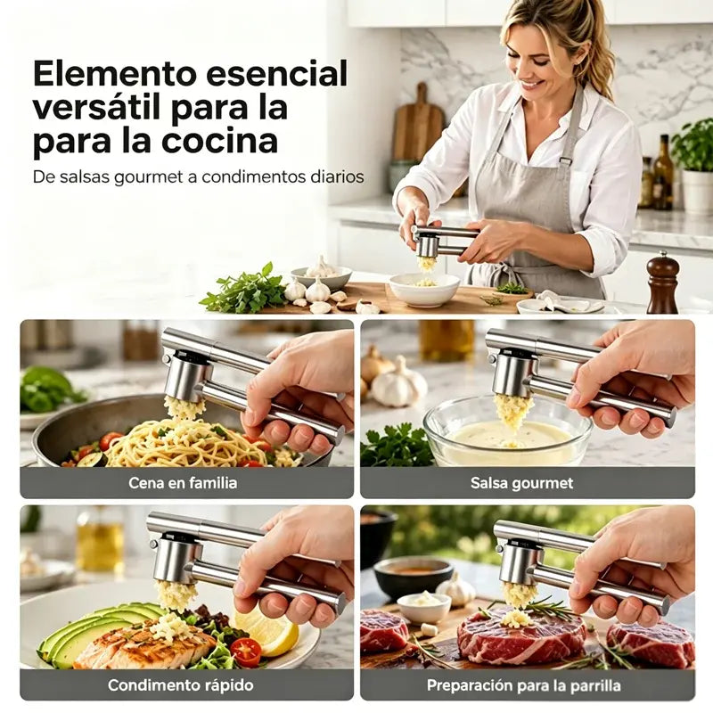 Prensa de ajos de alta calidad con mango ergonómico para facilitar el prensado.