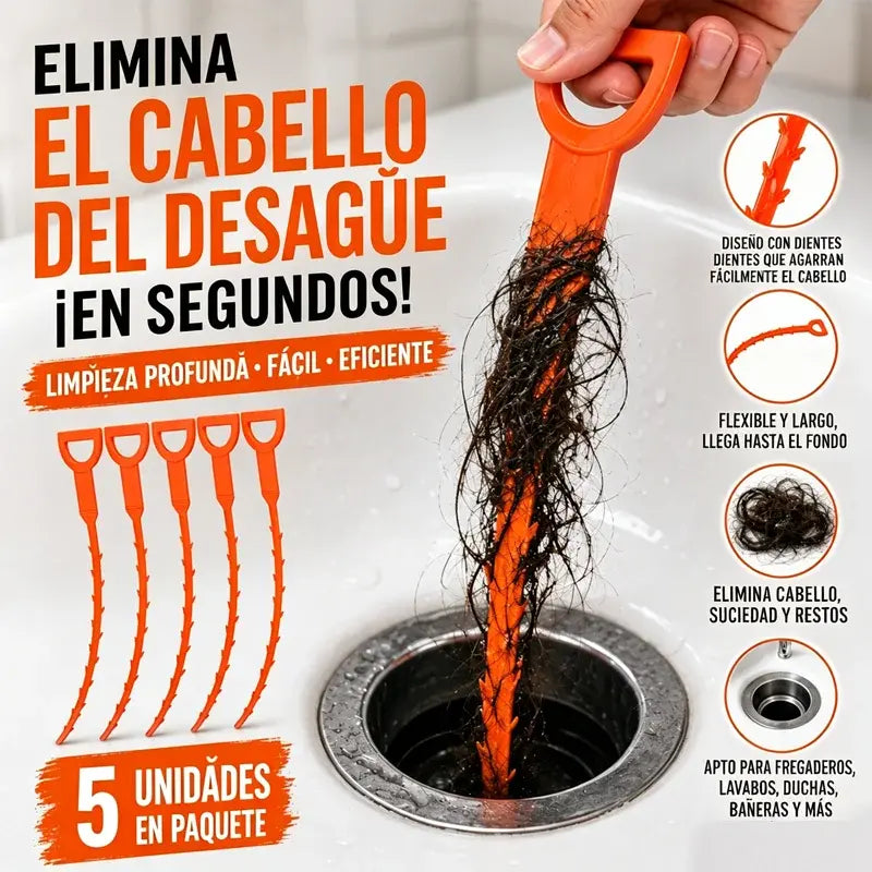 【5 piezas 24€】🛠️ Desatascador de tuberías flexible, duradero y fácil de usar: elimina rápidamente las obstrucciones en fregaderos, bañeras y tuberías 💧