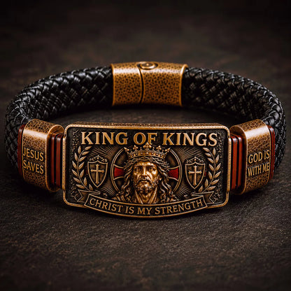 Pulsera cristiana ajustable para hombre, de cuero trenzado con mensaje religioso sobre Jesús; joya de estilo retro y vintage, ideal como regalo conmemorativo.
