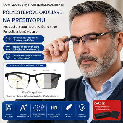 Nové polorámové okuliare na presbyopiu vhodné pre stredne starých a starších ľudí, s funkciami zväčšenia, multifokálne, citlivé na svetlo, menia farbu a blokujú modré svetlo