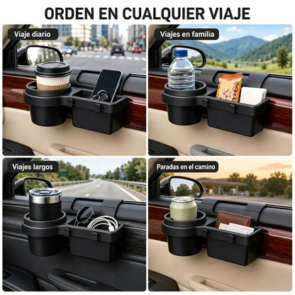 Organizador de almacenamiento 4 en 1 para ventana de coche, con bandeja para teléfono y portavasos.