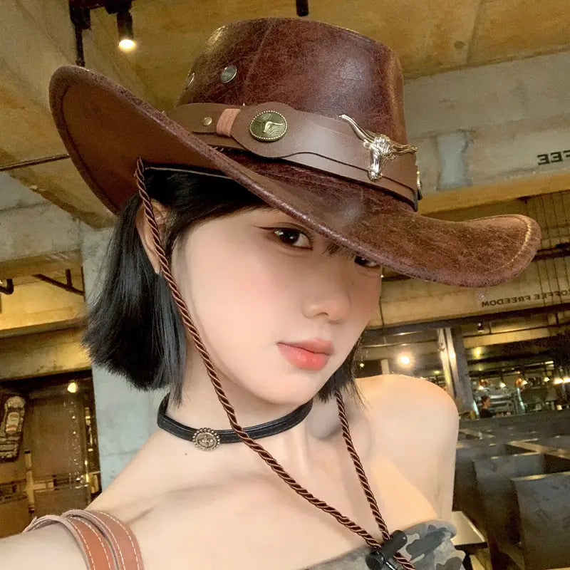 🤠¡Disfruta ahora de un 50% de descuento! 🌟Sombrero vaquero retro de ala ancha con correa para la capucha - Fedora estilo western desgastado