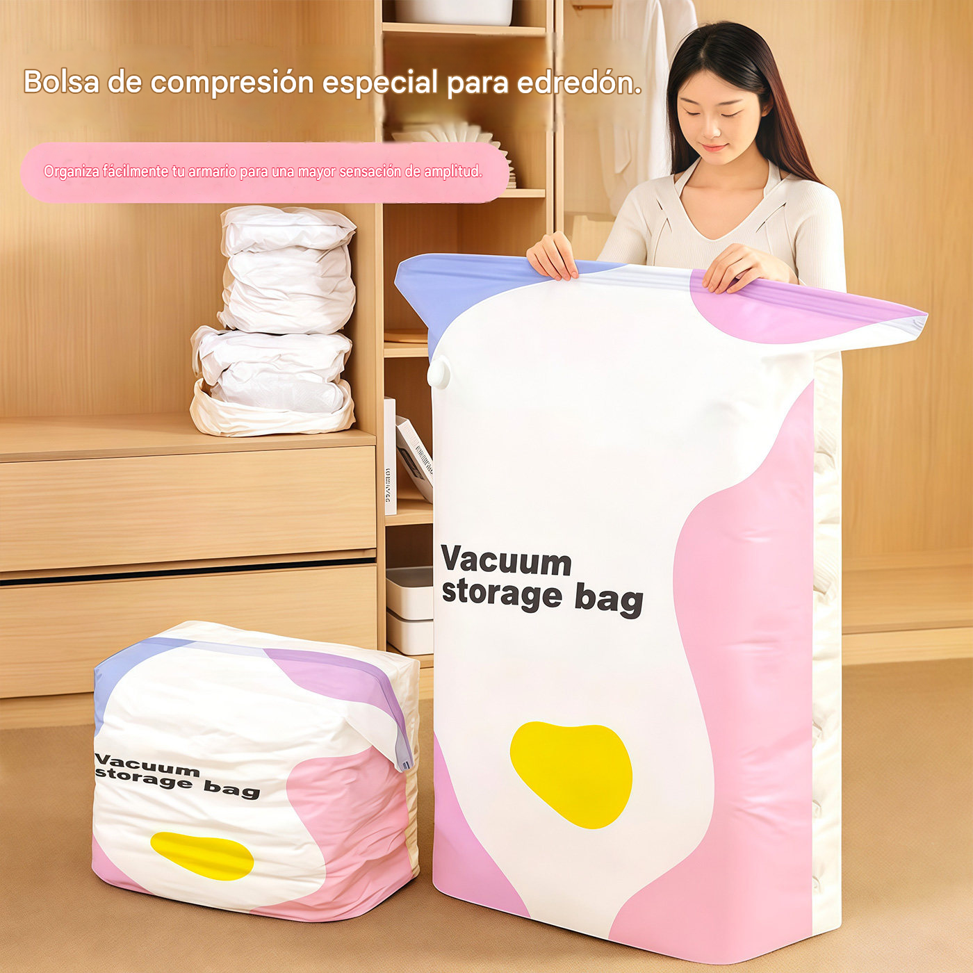 🧳【Juego de 5 piezas】💨 Bolsa de almacenamiento al vacío grande y compresible: no requiere bomba, es a prueba de fugas e ideal para ahorrar espacio en maletas y en casa ✈️