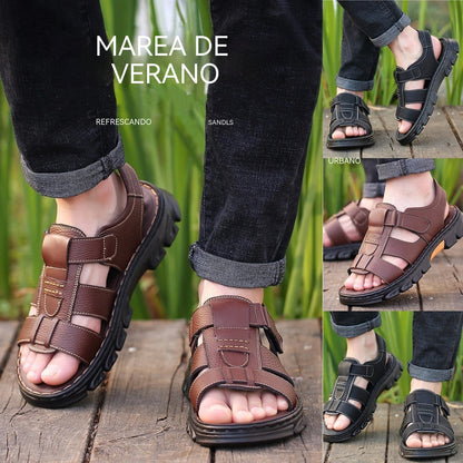 🔥👟 (50%OFF)【Tamaño 38 ~ 44】 Sandalias de playa antideslizantes de cuero suave hechas a mano para hombres