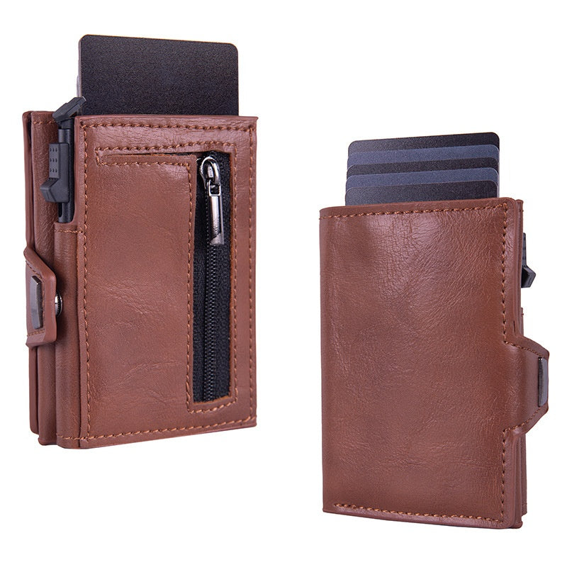 Cartera tarjetero con sistema de expulsión automática, protección RFID y seguridad antirrobo (cuero auténtico)