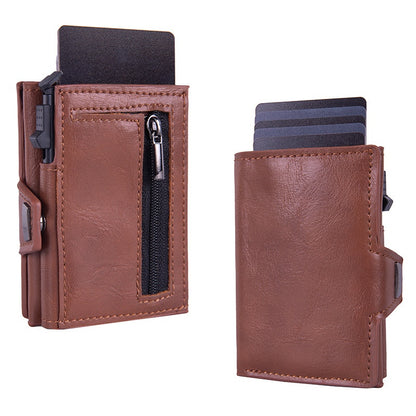 Cartera tarjetero con sistema de expulsión automática, protección RFID y seguridad antirrobo (cuero auténtico)