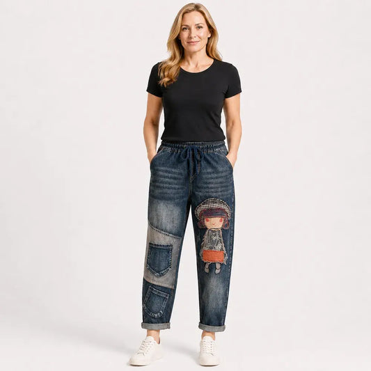 Dámske retro džínsy voľného strihu s nášivkou a elastickým pásom – džínsy v originálnom štýle harem (veľkosti S–5XL, 2 farby) 👖✨🍂