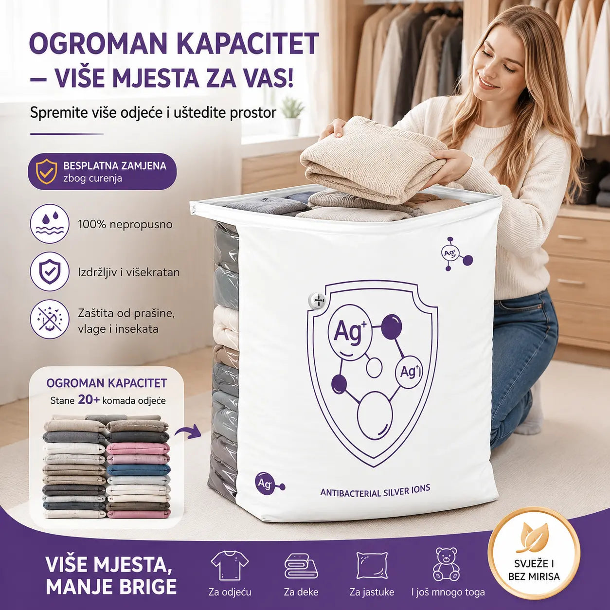 ✨(5 komada)💨 Velika, stlačiva vakuumska vrećica za pohranu: nije potrebna pumpa, nepropusna je i idealna za uštedu prostora u koferima i kod kuće ✈️