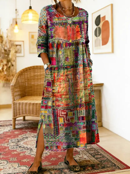 ✨ Ostatni dzień, 50% zniżki! 【S-5XL】Letnia sukienka w stylu retro, okrągły dekolt, nadruk – lekka i przewiewna, dobrze się układa, łatwa do dopasowania.