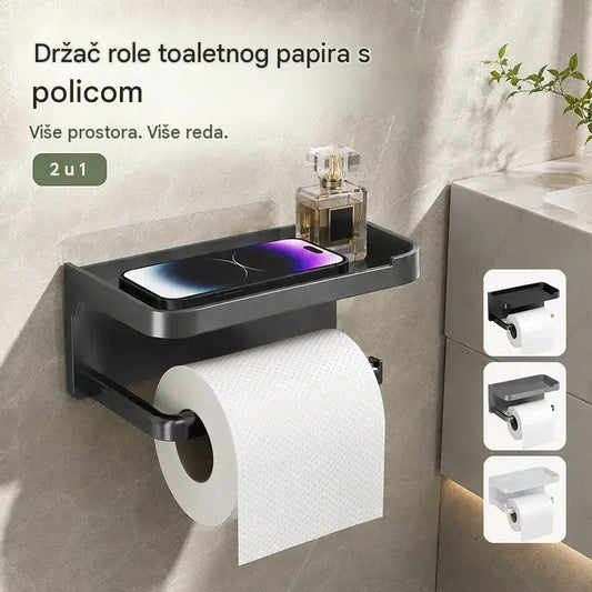 Zidni držač toaletnog papira s priborom, čvrsta baza, moderna polica za kupaonicu, jednostavna ugradnja, može držati mobitele i druge predmete.