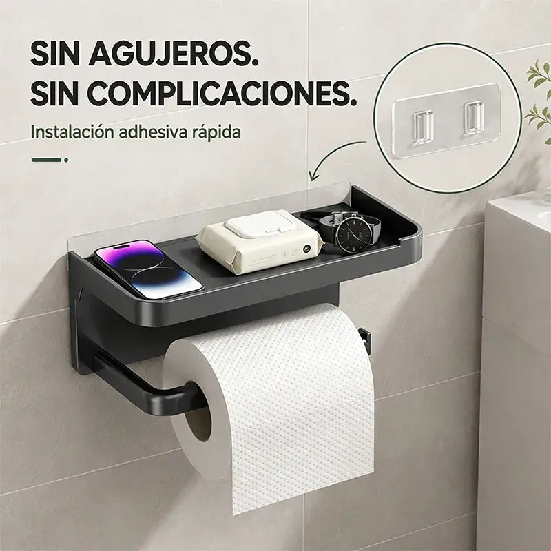 Soporte de papel higiénico de pared con accesorios, base resistente, estante de baño moderno, fácil de instalar, puede sostener teléfonos móviles y otros objetos.