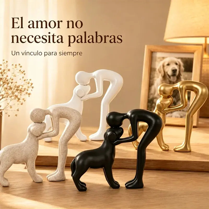 Escultura de perro para decoración del hogar. Linda estatua de hombre y perro.