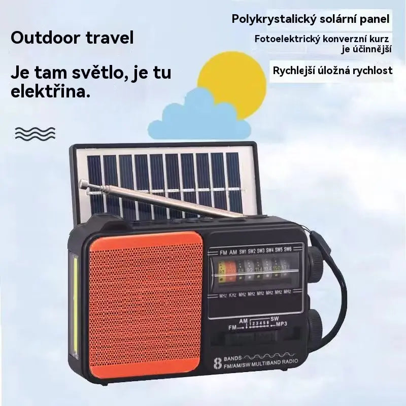 💥🏕️Multifunkční přenosné rádio s nouzovou svítilnou, AM rádiem, pevným diskem Bluetooth a vícezónovým audio.