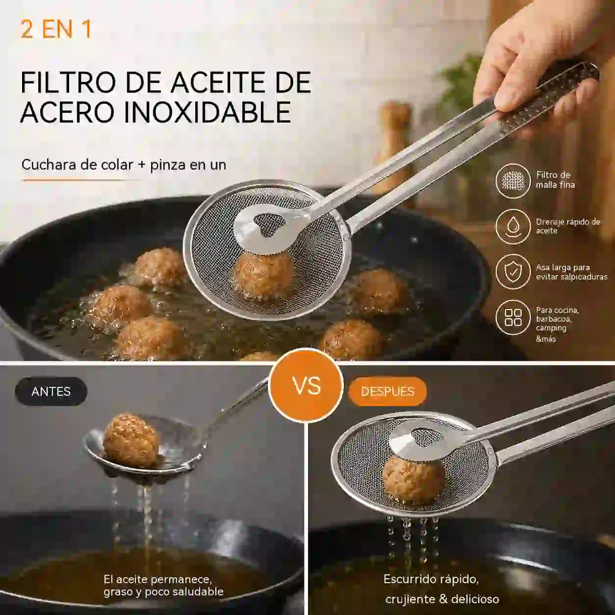 🍳 ¡A mitad de precio! Pinzas de cocina 2 en 1: combinan las funciones de recoger y escurrir en una sola. Fabricadas en acero inoxidable, perfectas para freír, escurrir y recoger alimentos. 💪✨