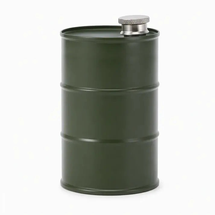 Petaca portátil de acero inoxidable 304 con forma de bidón para acampar al aire libre.