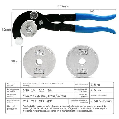 Dobladora manual de tubos – Herramienta de curvado para tuberías de cobre, aluminio (aire acondicionado), hierro y acero inoxidable de 5, 6, 8 y 10 mm.