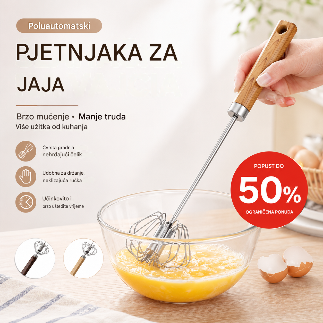 🔥Najnovija posebna ponuda【Kupite jedan, dobijte jedan gratis】🔥Poluautomatska/ručna mutilica za jaja