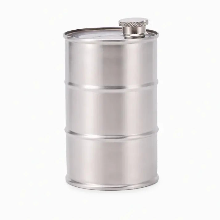 Petaca portátil de acero inoxidable 304 con forma de bidón para acampar al aire libre.