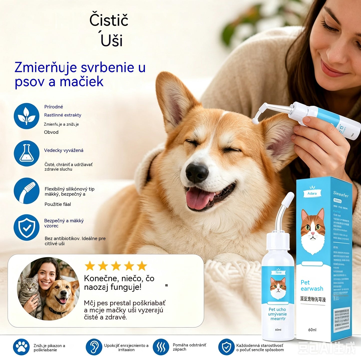 🐶🐱 Čistič uší na zmiernenie svrbenia v ušiach u psov a mačiek.
