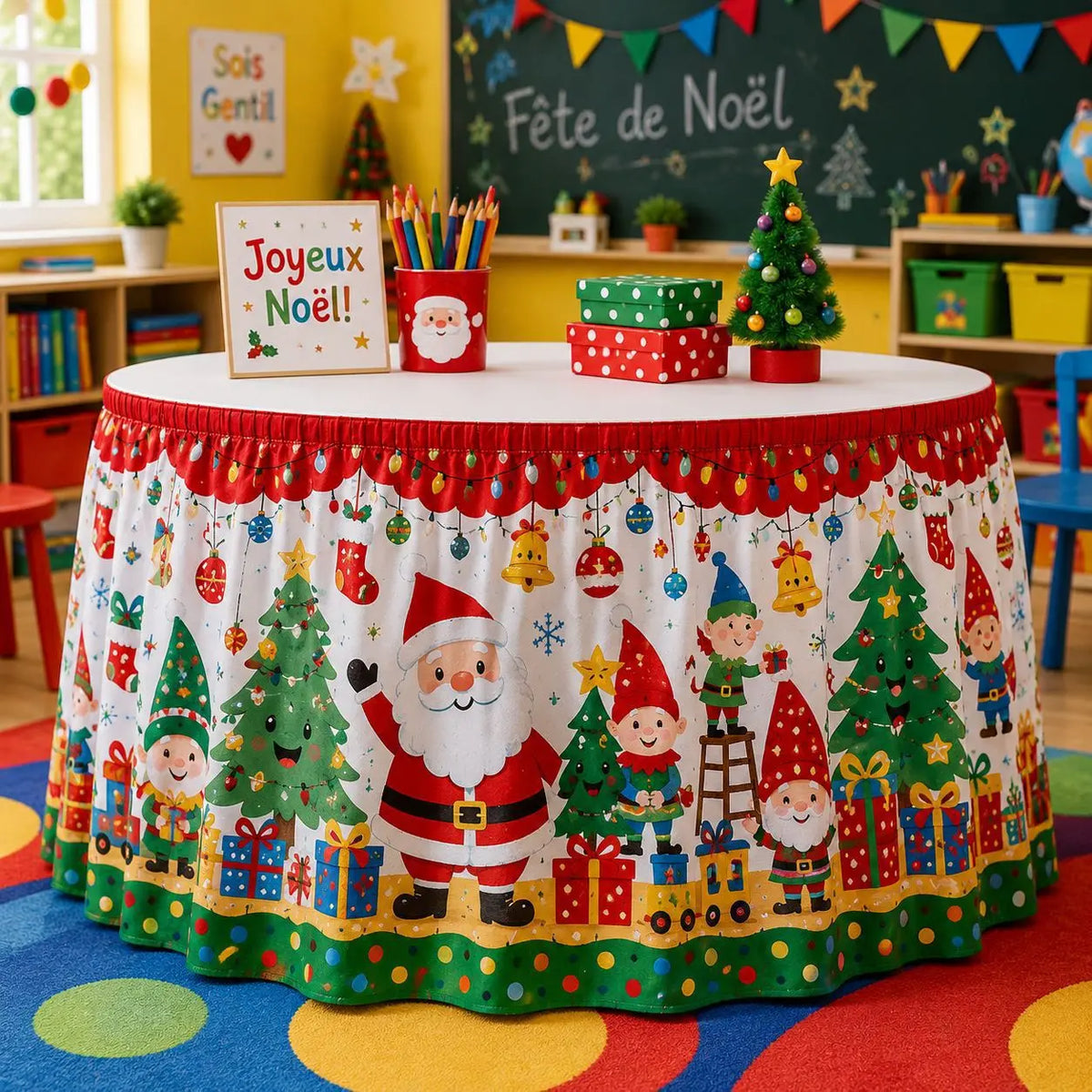 【210cm*75cm】 Mantel con estampado de Santa Claus y renos para fiestas navideñas