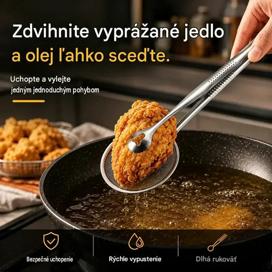 2 v 1 kliešte na potraviny a sitko na olej z nehrdzavejúcej ocele