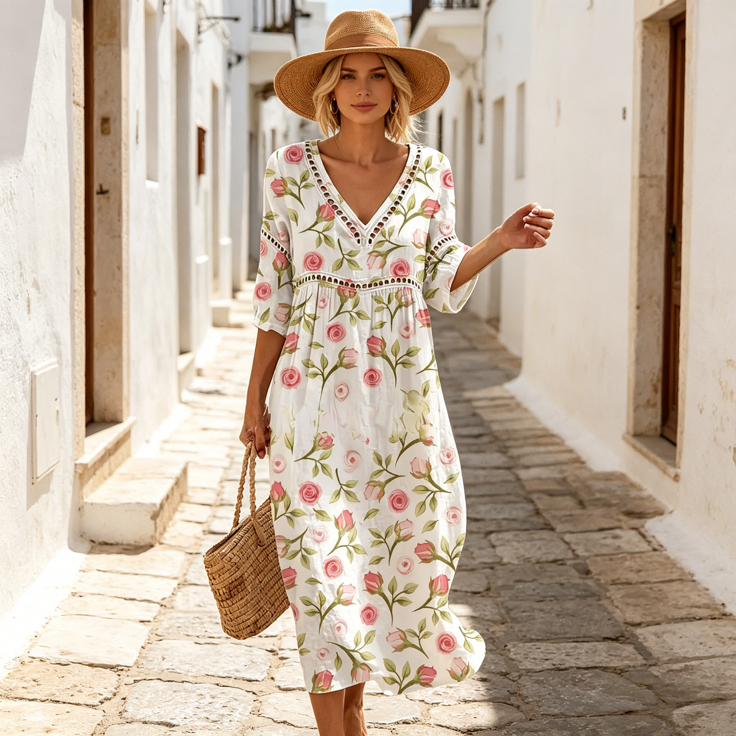 👗【S-3XL】Ženska duga haljina od pamučnog lana s printom - ljetni stil, V-izrez