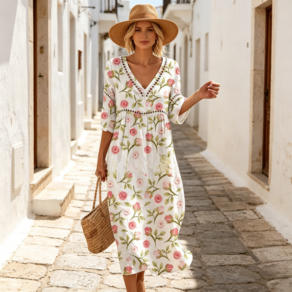 👗【S-3XL】Ženska duga haljina od pamučnog lana s printom - ljetni stil, V-izrez