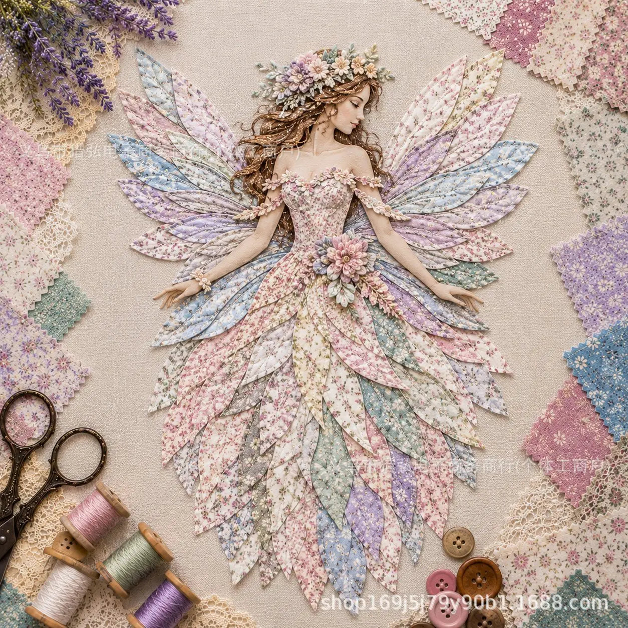 🧚‍♀️🌸 Set de patchwork premium "Hada": ¡tela de alta calidad con alas de flores, perfecta para decoraciones de pared de estilo fantástico hechas por ti mismo!