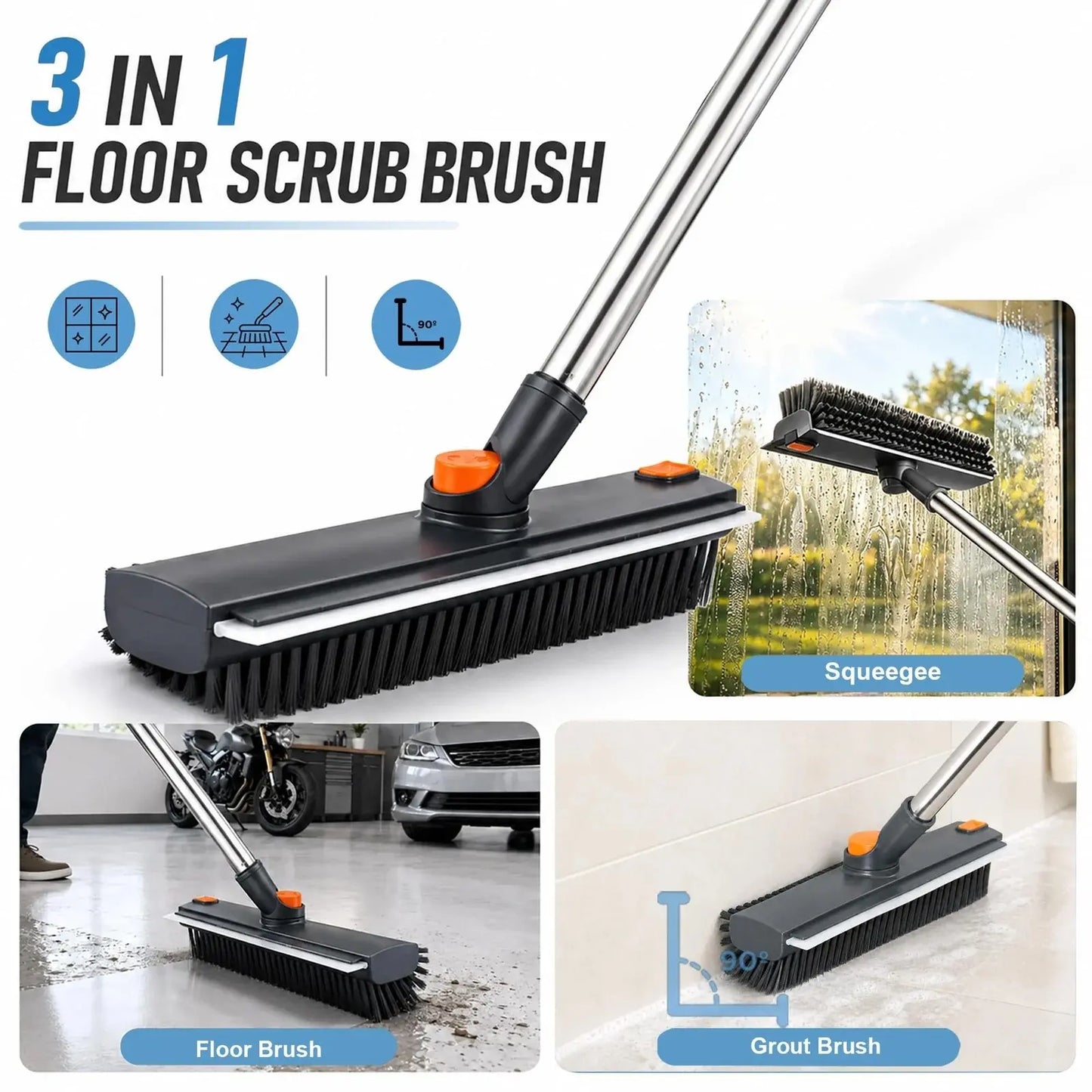 🧹🧽 Cepillo giratorio 3 en 1 para fregar suelos con mango largo de acero inoxidable.
