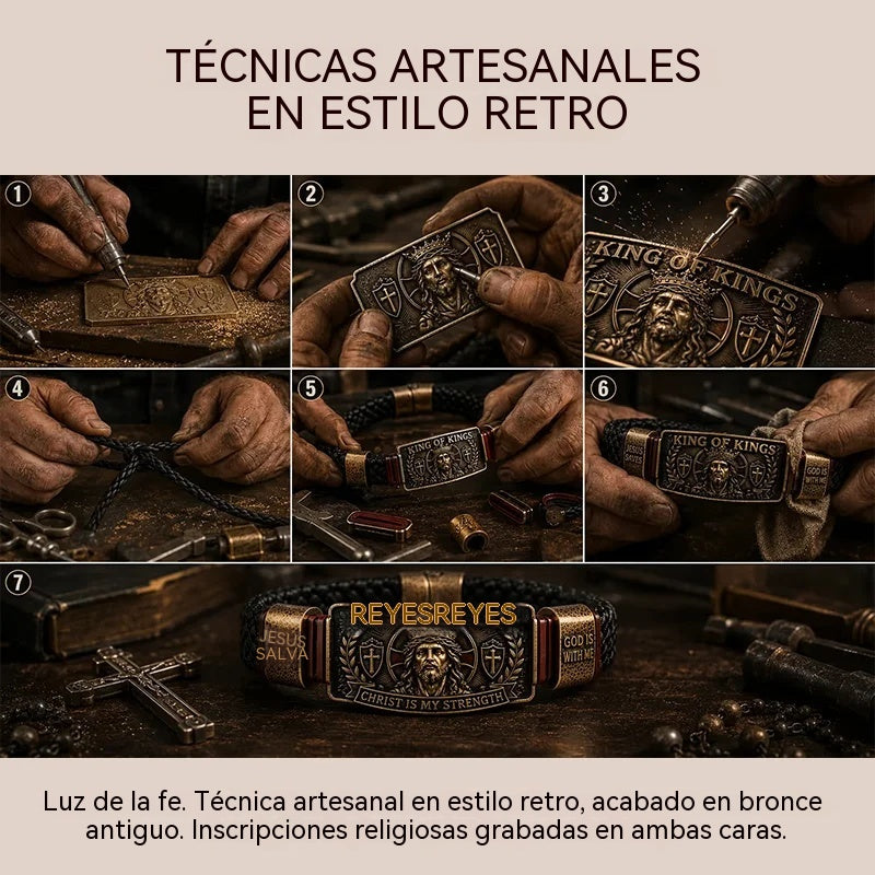 Pulsera cristiana ajustable para hombre, de cuero trenzado con mensaje religioso sobre Jesús; joya de estilo retro y vintage, ideal como regalo conmemorativo.