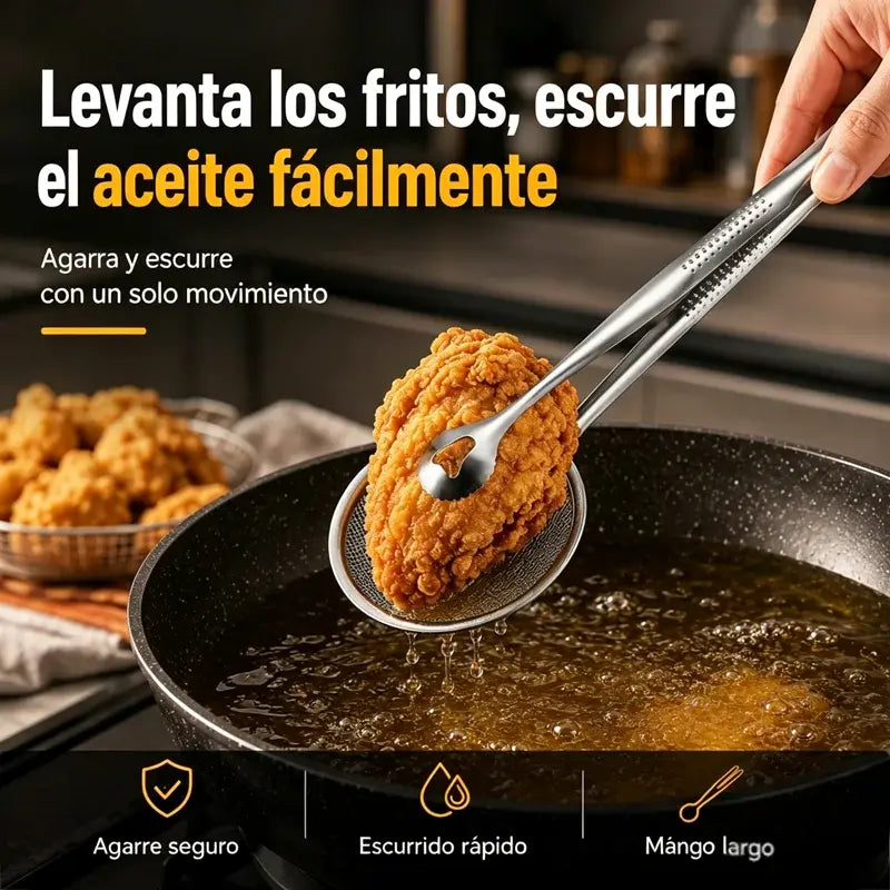 Pinzas para alimentos y colador de aceite 2 en 1 de acero inoxidable