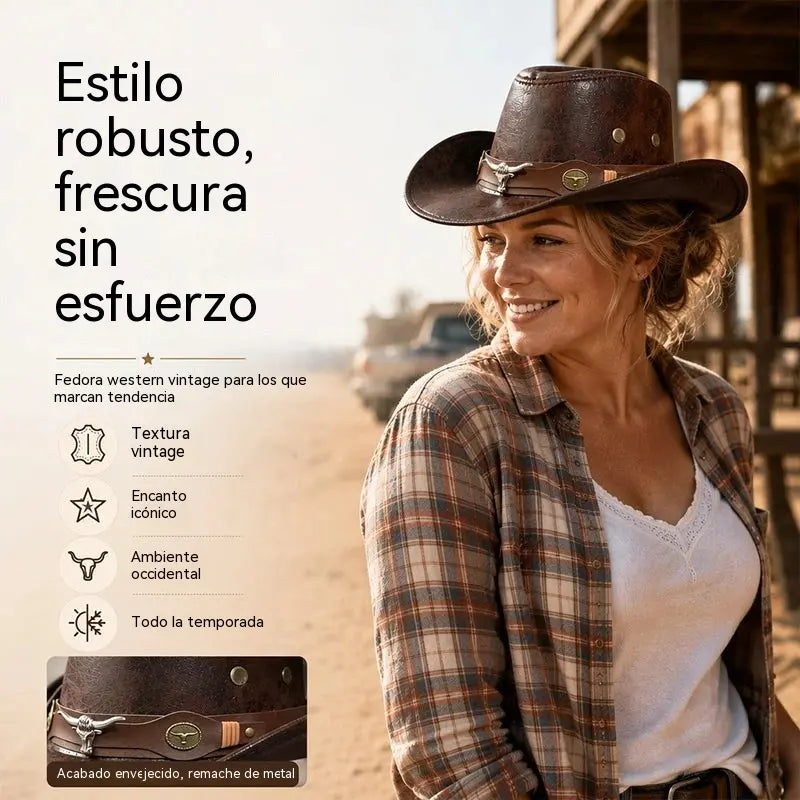 🤠¡Disfruta ahora de un 50% de descuento! 🌟Sombrero vaquero retro de ala ancha con correa para la capucha - Fedora estilo western desgastado