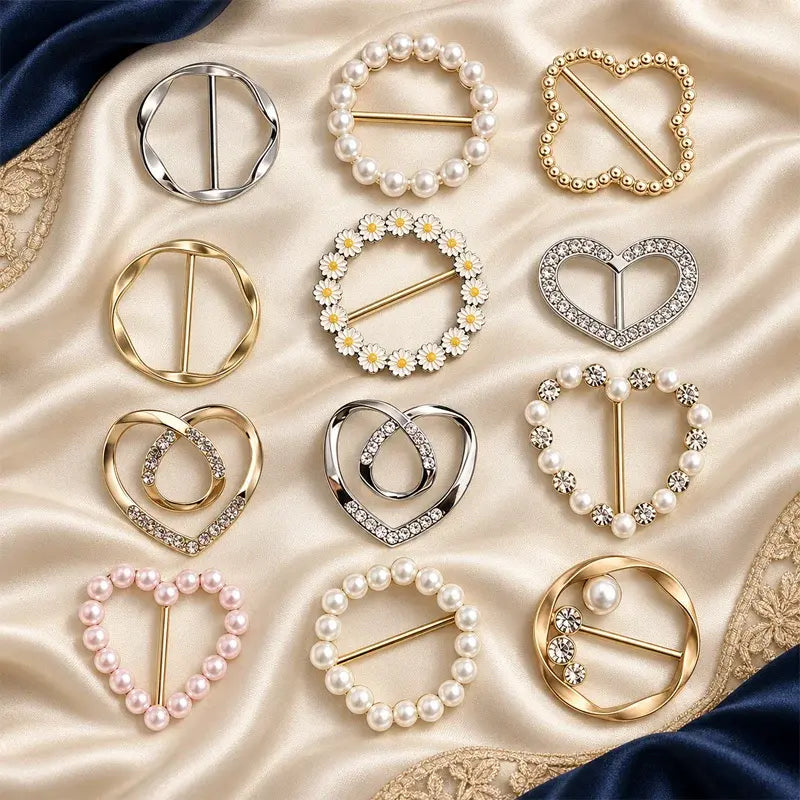 Set de 12 clips para dobladillo con forma de corazón y perla sintética para mujer; accesorios elegantes de diseño calado para blusas, camisetas y pañuelos