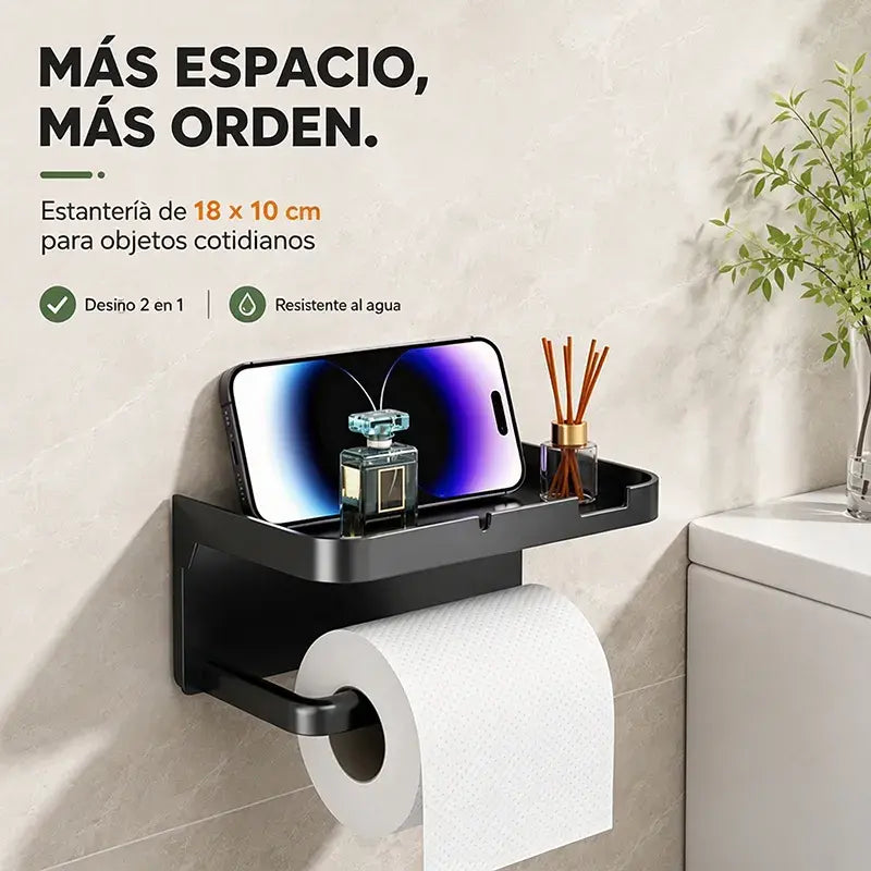 Soporte de papel higiénico de pared con accesorios, base resistente, estante de baño moderno, fácil de instalar, puede sostener teléfonos móviles y otros objetos.