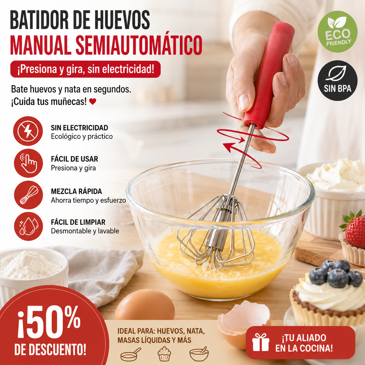 🥳Kupite 1, dobijte 1 gratis!🥳💞Prodano više od 50 000 jedinica!🥚💪 50% popusta! Poluautomatska ručna mutilica za jaja: pritisnite i okrenite, nije potrebna struja. Muti jaja i vrhnje za nekoliko sekundi. Štiti vaše zapešća! ✨🧁