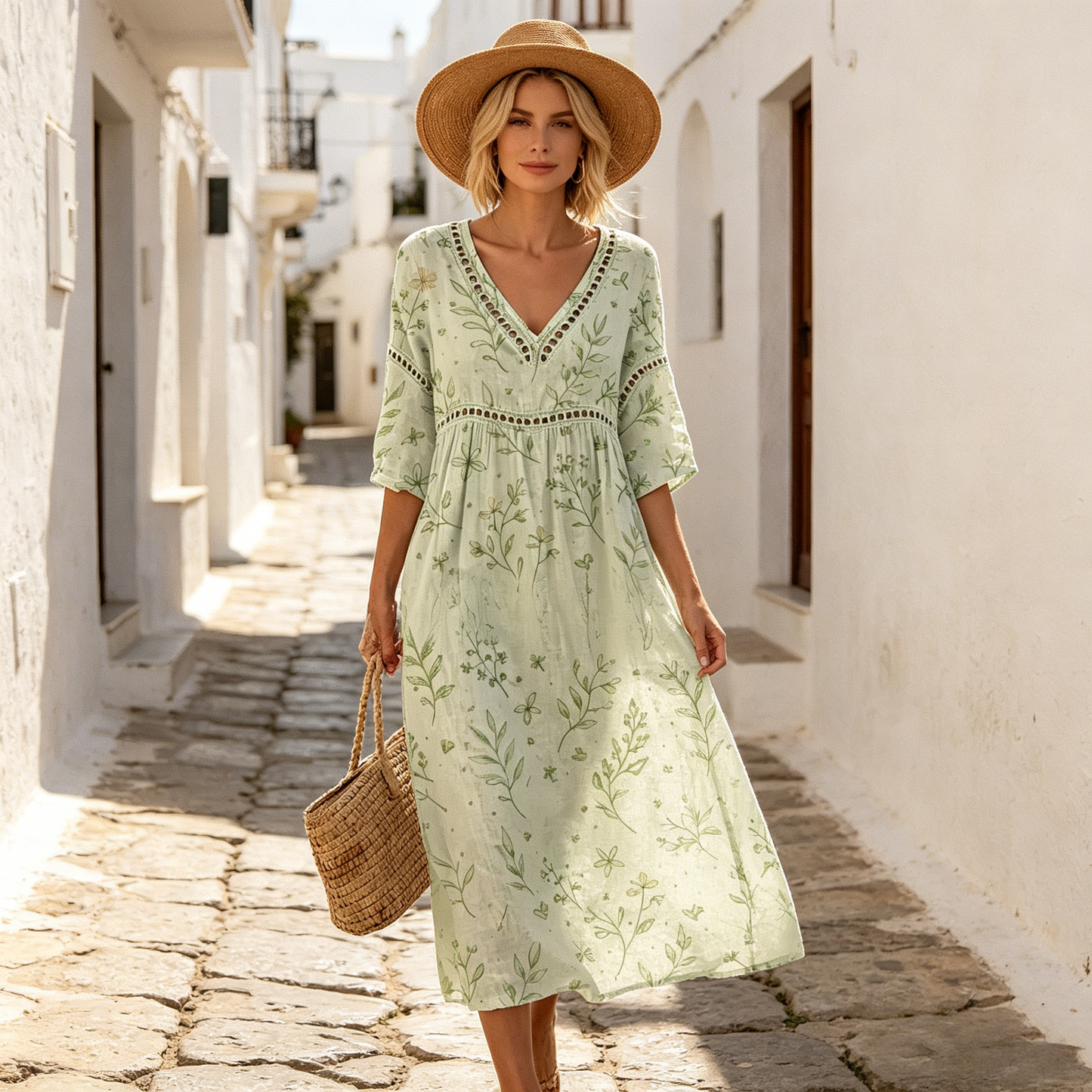 👗【S-3XL】Dámske dlhé šaty z bavlny a ľanu s potlačou – letný štýl, výstrih do V