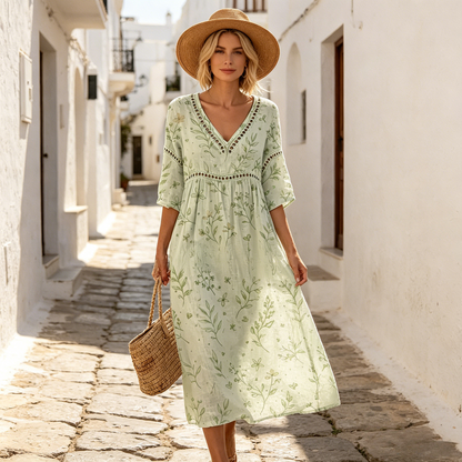 👗【S-3XL】Ženska duga haljina od pamučnog lana s printom - ljetni stil, V-izrez