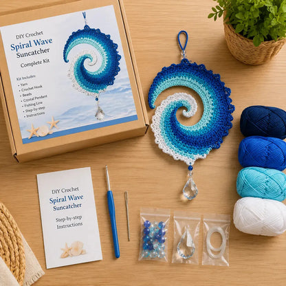 🌊🧵 Kit de manualidades para hacer un molinete de ganchillo con motivos de olas marinas