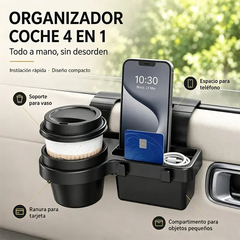 Organizador de almacenamiento 4 en 1 para ventana de coche, con bandeja para teléfono y portavasos.
