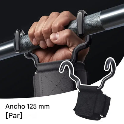 Juego de 2 ganchos de fitness para culturismo y levantamiento de pesas, soporte ensanchado de 125 mm, correas antideslizantes para las muñecas, capacidad de 250 kg para dominadas y peso muerto.