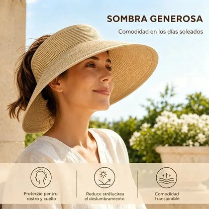 🏖 Sombrero de sol para mujer, sombrero de paja con protección UV UPF para la playa, sombrero de verano plegable de ala ancha para coletas, fácil de guardar y transportar.
