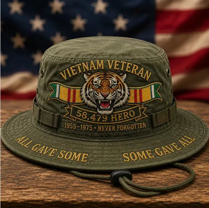 🐯🐯Olivovozelený pamätný klobúk typu „bucket“ pre veteránov s výšivkou dravého tigra a nápisom.