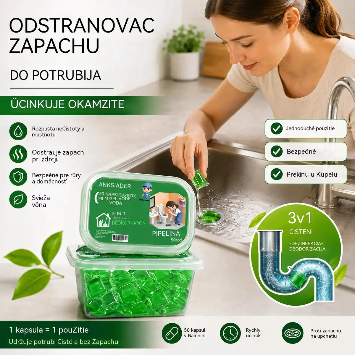 2 pakiranja (100 tableta) za 23 eura.. Kapsule topljive u vodi za uklanjanje mirisa iz odvoda – savršeno rješenje za sprječavanje širenja neugodnih mirisa u kupaonicama i kuhinjama.