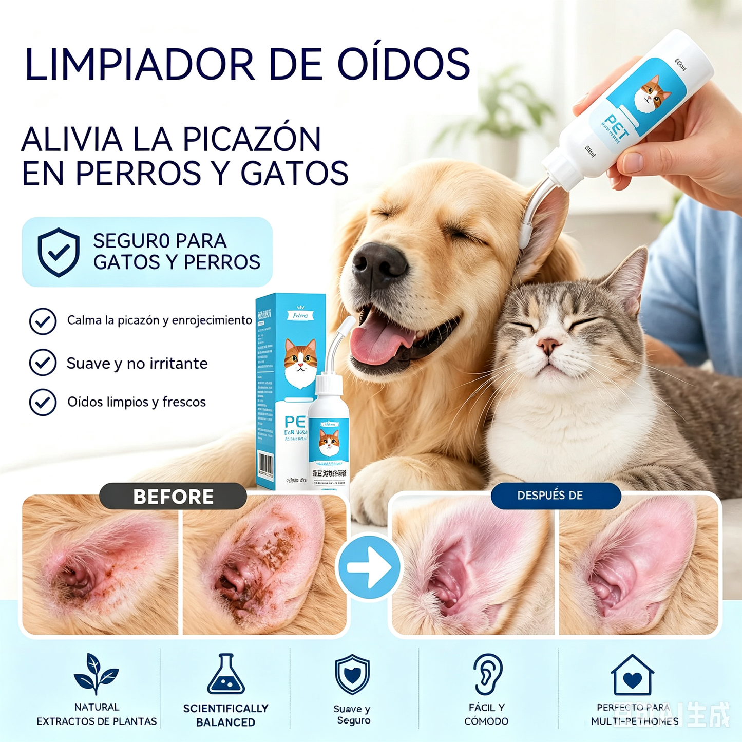 🐶🐱 Limpiador de oídos para aliviar la picazón en los oídos de perros y gatos.