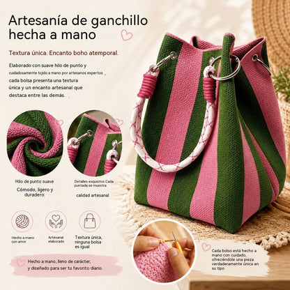 👜🌴 Sac seau bohème rayé en maille pour femme – Sac bandoulière d’été fait main pour la plage