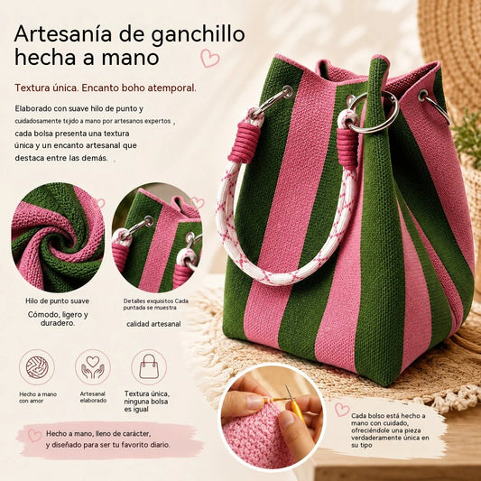 👜🌴 Sac seau bohème rayé en maille pour femme – Sac bandoulière d’été fait main pour la plage