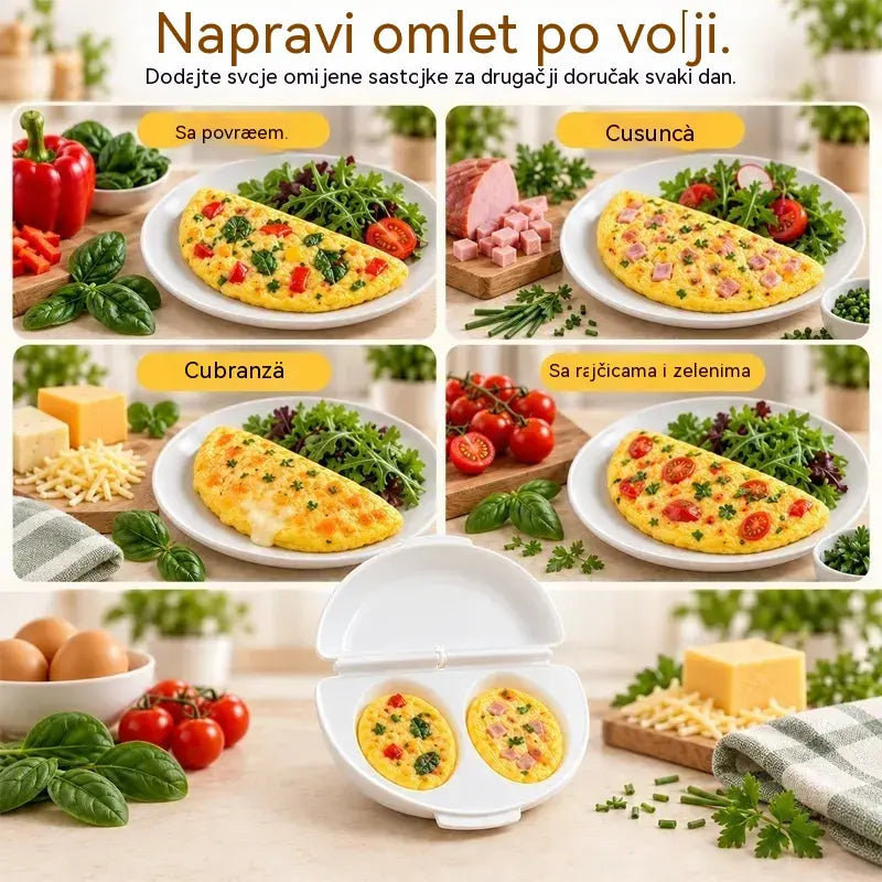 🍳 Savršen doručak za nekoliko minuta! Aparat za omlet u mikrovalnoj pećnici 🥚 | Dizajn s dva odjeljka · Materijal koji se ne lijepi za prehrambene proizvode · Uklonjiva šarka za jednostavno čišćenje · Brzo kuhanje, bez potrebe za uljem
