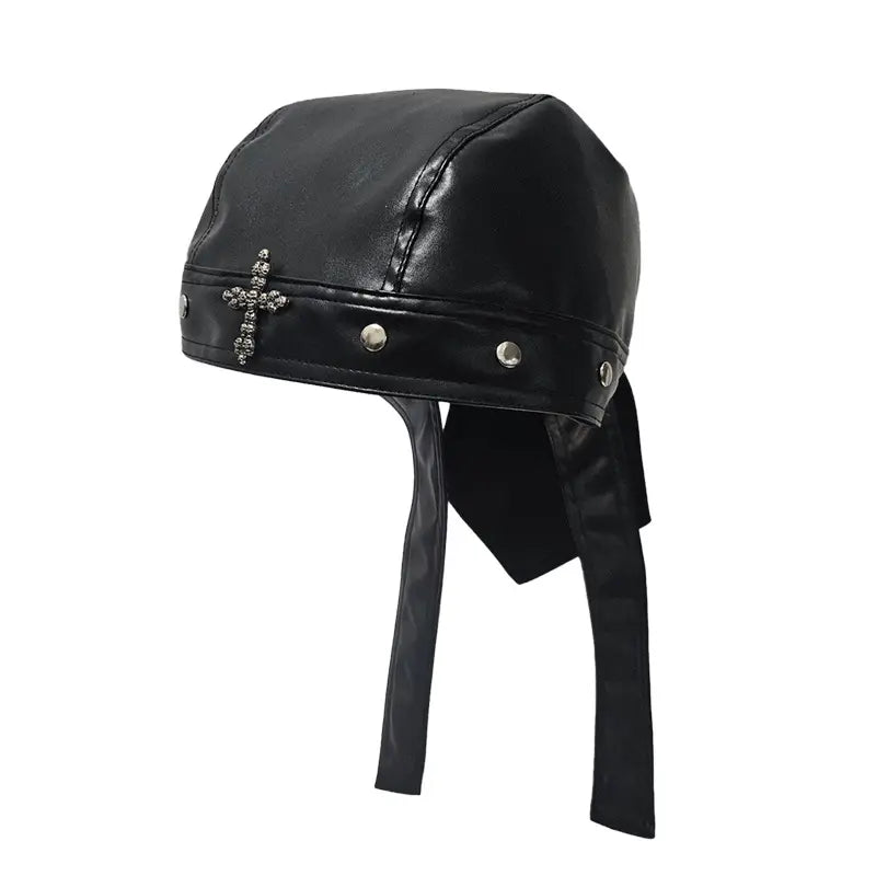 🏍🏍Gorra de cuero auténtico negro estilo pañuelo / gorra de ciclismo